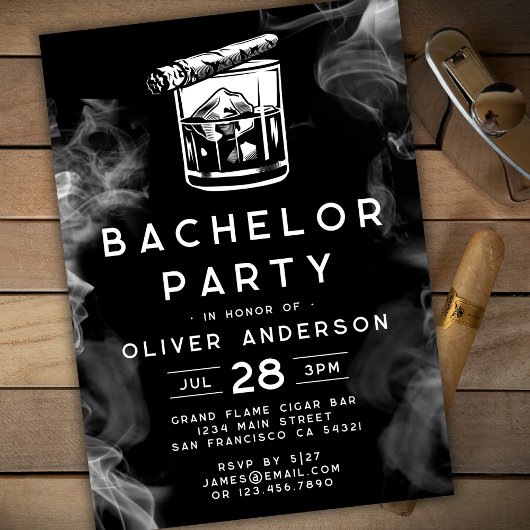 Invitation Cigares modernes de la fête de bachelor et Whiskey