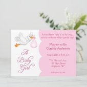 Invitation Cigogne de rose de fille de baby shower (Debout devant)