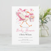 Invitation Cigogne Rose Avec Bébé (Debout devant)