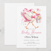 Invitation Cigogne Rose Avec Bébé (Devant / Derrière)