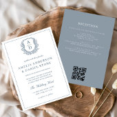 Invitation Cimetière bleu Dusty Monogram Mariage QR Code