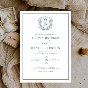 Invitation Cimetière bleu Dusty Monogramme Mariage élégant