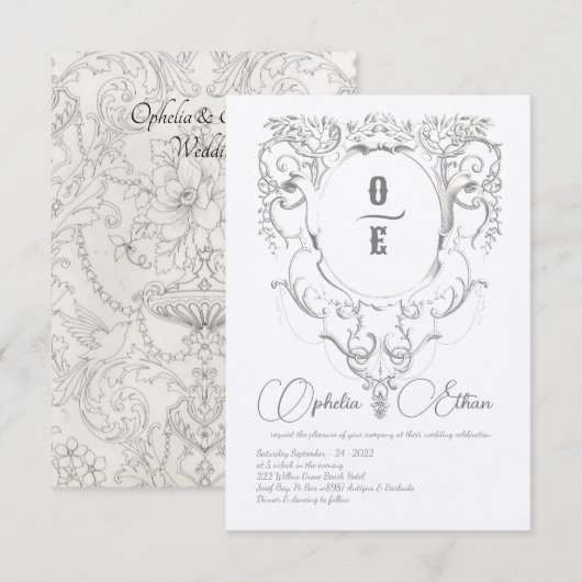 Invitation Cimetière de Monogramme gris victorien mariage (Devant / Derrière)