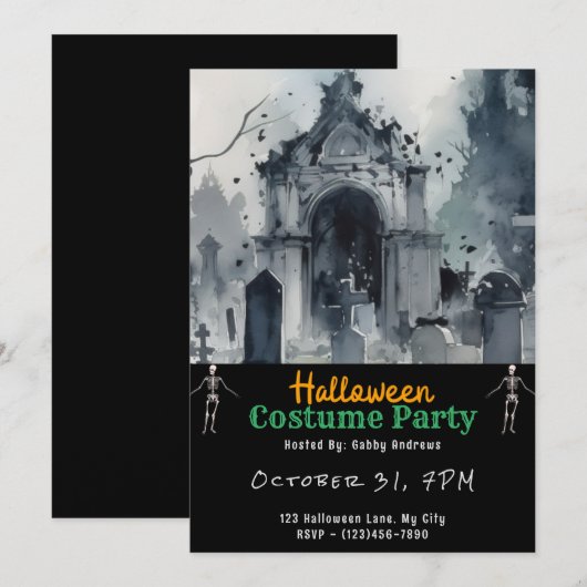 Invitation Cimetière déplaisant Graves Halloween noir (Devant / Derrière)