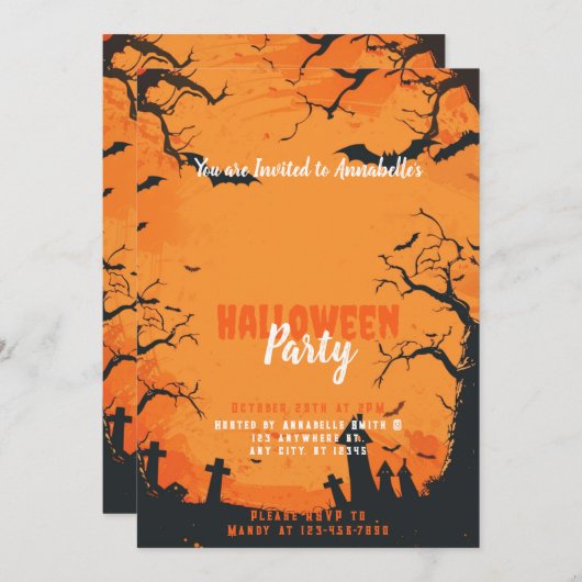 Invitation Cimetière des chauves-souris Orange Halloween Part (Devant / Derrière)