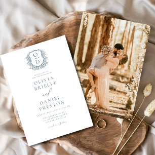 Invitation Cimetière Floral bleu Dusty Monogramme Mariage Élé