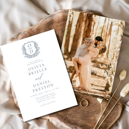 Invitation Cimetière Floral bleu Dusty Monogramme Mariage Élé