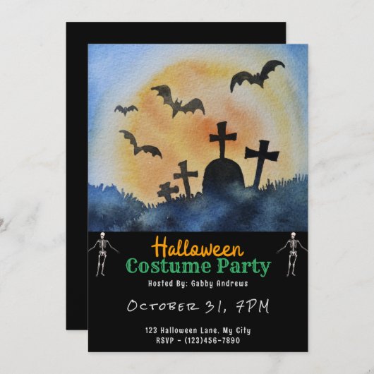 Invitation Cimetière Graves Bats Pleine lune Halloween noir (Devant / Derrière)