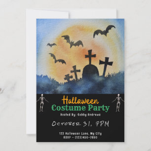 Invitation Cimetière Graves Bats Pleine lune Halloween noir