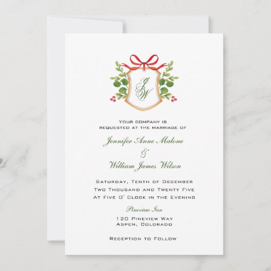 Invitation Cimier avec verdure d'hiver mariage de vacances (Devant)