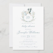 Invitation Cimier bleu avec cigogne et fleurs Baby Boy Douche (Devant)