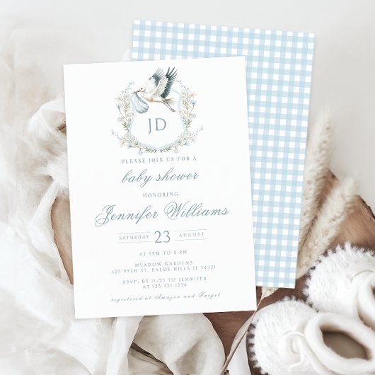 Invitation Cimier bleu avec cigogne et fleurs Baby Boy Douche