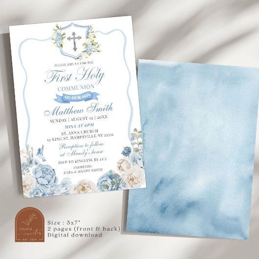 Invitation Cimier bleu Dusty et première communion florale