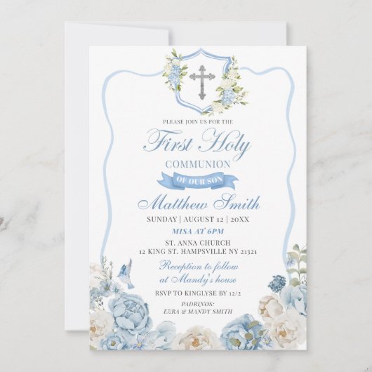 Invitation Cimier bleu Dusty et première communion florale (Devant)