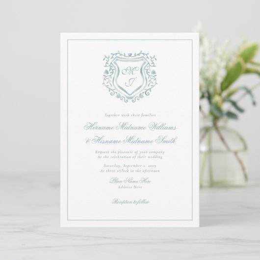 Invitation Cimier bleu Dusty QR RSVP Mariage tout-en-un (Debout devant)