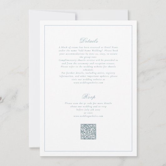 Invitation Cimier bleu Dusty QR RSVP Mariage tout-en-un (Dos)