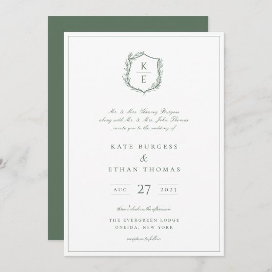 Invitation Cimier botanique Monogramme Sage Mariage vert (Devant / Derrière)