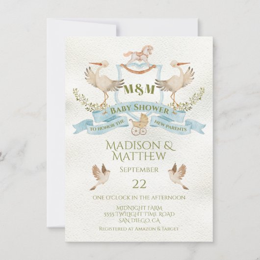 Invitation Cimier Crest Aquarelle bébé garçon douche (Devant)