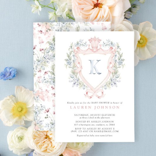 Invitation Cimier de la Couronne Monogramme Baby shower bleu 
