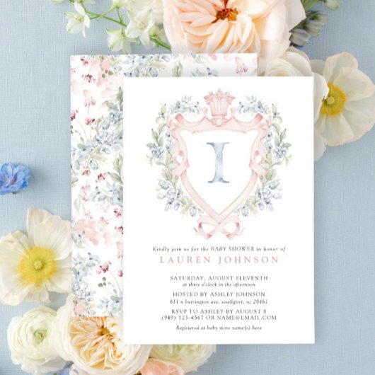 Invitation Cimier de la Couronne Monogramme Baby shower bleu 