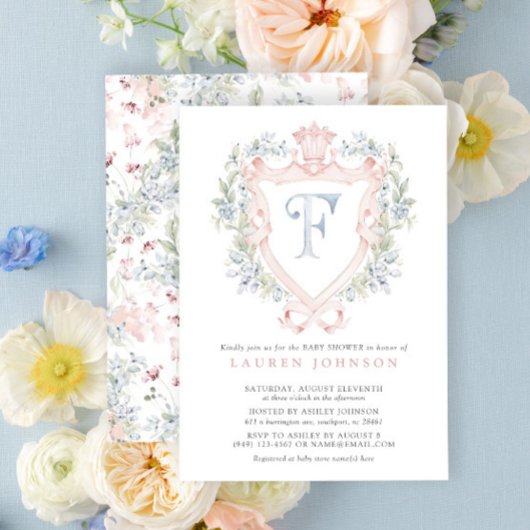 Invitation Cimier de la Couronne Monogramme Baby shower bleu 