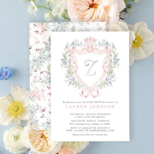 Invitation Cimier de la Couronne Monogramme Baby shower bleu 