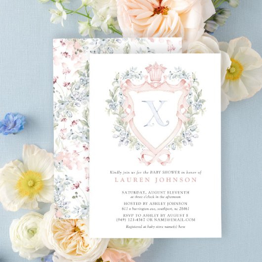Invitation Cimier de la Couronne Monogramme Baby shower bleu 