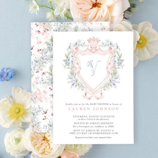 Invitation Cimier de la Couronne Monogramme Baby shower bleu 