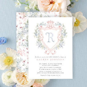 Invitation Cimier de la Couronne Monogramme Baby shower bleu 