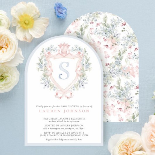 Invitation Cimier de la Couronne Monogramme Baby shower bleu 
