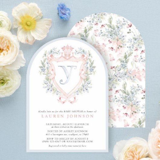 Invitation Cimier de la Couronne Monogramme Baby shower bleu 