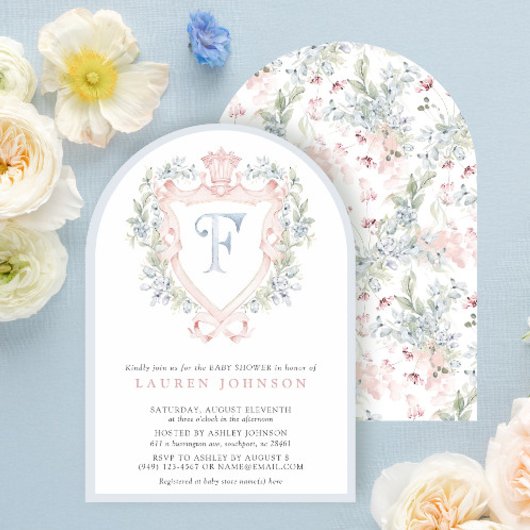Invitation Cimier de la Couronne Monogramme Baby shower bleu 