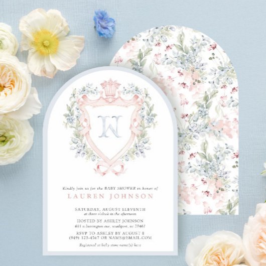 Invitation Cimier de la Couronne Monogramme Baby shower bleu 