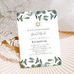 Invitation Cimier d'Eucalyptus | Bat mitzvah or Feuille vert<br><div class="desc">Ces invitations Bat mitzvah simples et tendance présentent des feuilles d'eucalyptus vert aquarelle sur un arrière - plan blanc propre avec script manuscrit moderne et un faux look d'or Star of David.</div>