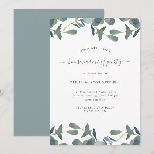 Invitation Cimier d'Eucalyptus | Soirée Feuille verte (Devant / Derrière)