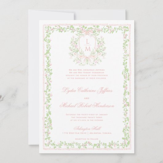 Invitation Cimier Doux avec Bow rose pâle | Mariage monogramm (Devant)