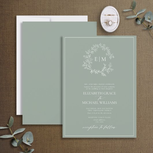 Invitation Cimier feuillus vert Sage officiel Monogramme Mari