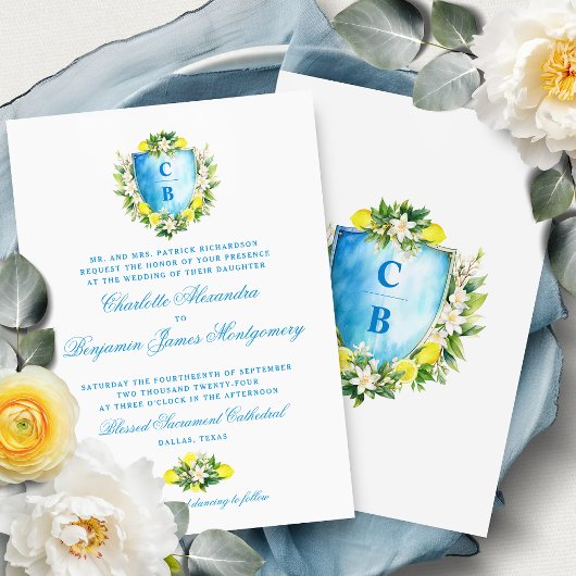 Invitation Cimier Floral Bleu Formel Monogramme Citrons Maria