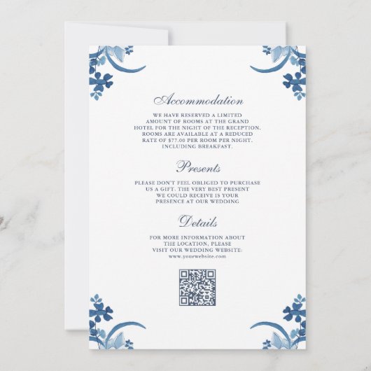 Invitation Cimier floral bleu poussiéreux tout en un Mariage (Dos)