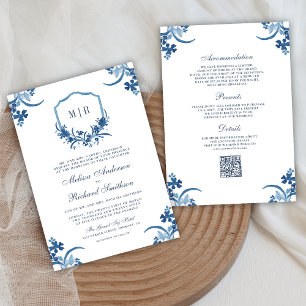 Invitation Cimier floral bleu poussiéreux tout en un Mariage