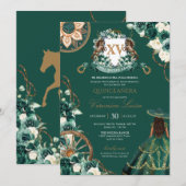 Invitation Cimier floral Emerald Green Charro Quinceañera (Devant / Derrière)