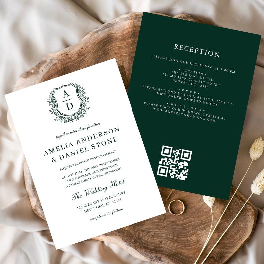 Invitation Cimier floral vert foncé Monogramme Mariage QR Cod
