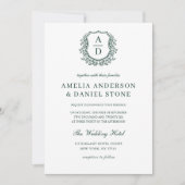 Invitation Cimier floral vert foncé Monogramme Mariage QR Cod (Devant)