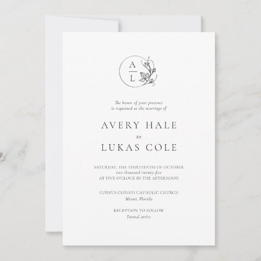 Invitation Cimier Formel Blanc Noir Élégant Mariage (Devant)