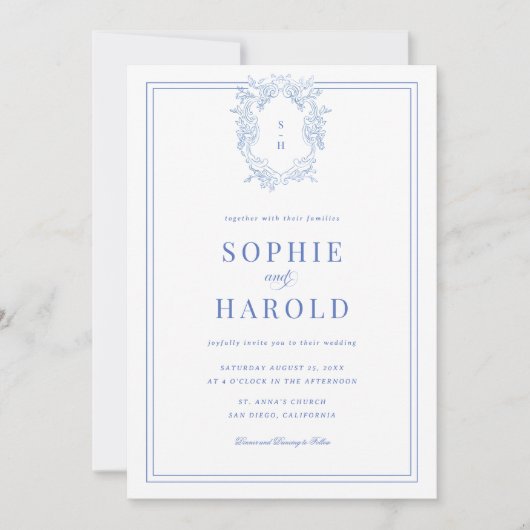 Invitation Cimier Monogramme Bleu Français Tout en un Mariage (Devant)