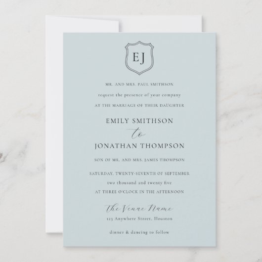 Invitation Cimier Monogramme Initiales Bleu Dusty Mariage for (Devant)