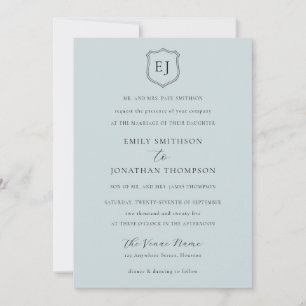 Invitation Cimier Monogramme Initiales Bleu Dusty Mariage for