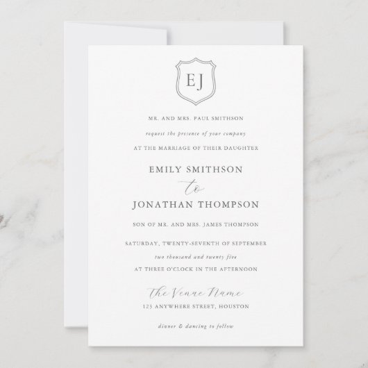 Invitation Cimier Monogramme Initiales Texte gris Mariage off (Devant)