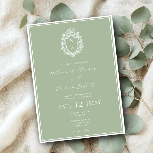 Invitation Cimier Monogramme Mariage Élégant Vert Sauge
