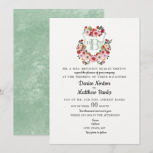 Invitation Cimier Rose sauvage Cameo Vert Aquarelle Mariage